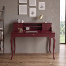 Wooding Mobilya 120 cm 5 Çekmeceli Bordo Raflı Masif Çalışma Masası
