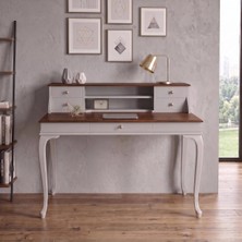 Wooding Mobilya 120 cm 5 Çekmeceli Açık Gri Ceviz Raflı Masif Çalışma Masası