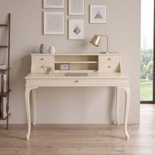 Wooding Mobilya 120 cm 5 Çekmeceli Krem Raflı Masif Çalışma Masası