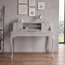 Wooding Mobilya 120 cm 5 Çekmeceli Açık Gri Raflı Masif Çalışma Masası