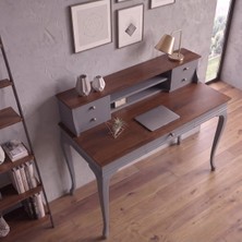 Wooding Mobilya 100 cm 5 Çekmeceli Gri Ceviz Raflı Masif Çalışma Masası