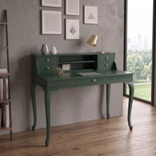 Wooding Mobilya 110 cm 5 Çekmeceli Yeşil Raflı Masif Çalışma Masası