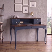 Wooding Mobilya 110 cm 5 Çekmeceli Lacivert Ceviz Raflı Masif Çalışma Masası