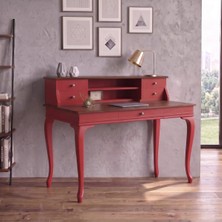 Wooding Mobilya 110 cm 5 Çekmeceli Kırmızı Ceviz Raflı Masif Çalışma Masası