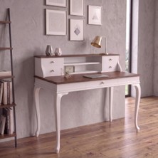 Wooding Mobilya 110 cm 5 Çekmeceli Beyaz Ceviz Raflı Masif Çalışma Masası