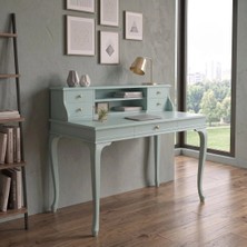 Wooding Mobilya 110 cm 5 Çekmeceli Su Yeşili Raflı Masif Çalışma Masası