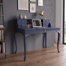 Wooding Mobilya 110 cm 5 Çekmeceli Lacivert Raflı Masif Çalışma Masası