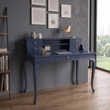 Wooding Mobilya 110 cm 5 Çekmeceli Koyu Mavi Raflı Masif Çalışma Masası