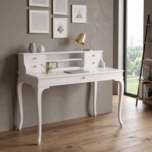 Wooding Mobilya 110 cm 5 Çekmeceli Beyaz Raflı Masif Çalışma Masası