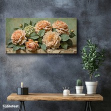 Tablofest Yatay Panoramik Kanvas Tablo Şeftali Gülleri Çiçek Aranjmanı Bitki Tablosu Ev Ofis Duvar Dekoru