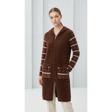 Aymiss Moda Kahverengi Uzun Tunik,kahve Çizgili,fermuarlı,kapşonlu Hırka