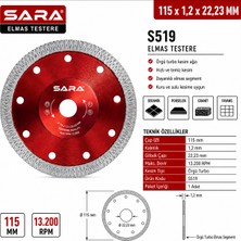 Sara S519 115 mm Turbo Hassas Mermer Kesme Diski – Elmas Uçlu, 1,2 × 22,23 Mm, Maksimum 13.200 Rpm