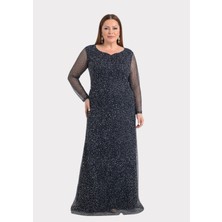 Lilas Xxl Büyük Beden Glitter Baskı Siyah Renkli Uzun Kollu Uzun Abiye Elbise