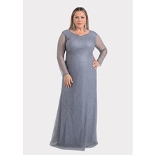 Lilas Xxl Büyük Beden Glitter Baskı Gri Renkli Uzun Kollu Uzun Abiye Elbise