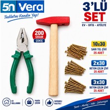 5N Vera 200 gr Çekiç ve Pense Seti – 10X30 Sarı Tel Çivi + 2X30 / 3X30 Beton Çivisi | Ev Tipi Tamir ve Montaj Seti