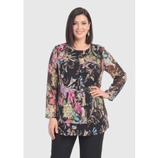Lilas Xxl Büyük Beden Çalı Desenli Şifon Tunik