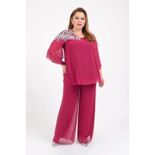 Lilas Xxl Büyük Beden Fuşya Renkli Şifon V Yaka Abiye Bluz