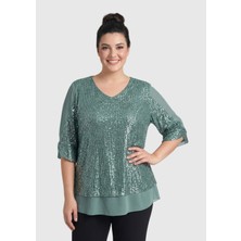 Lilas Xxl Büyük Beden Mint Renkli Pul Payetli Şifon Bluz