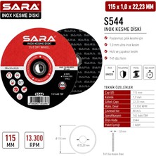 Sara S544 115 mm Inox Kesme Diski – 1,0 × 22,23 Mm, Maksimum 13.300 Rpm (10 Adet)