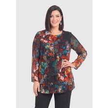 Lilas Xxl Kadın Büyük Beden Turuncu Siyah  Renkli Şifon Bluz