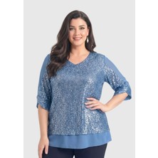 Lilas Xxl Büyük Beden Indigo Renkli Pul Payetli Şifon Bluz