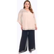 Lilas Xxl Büyük Beden Bej Renkli Şifon V Yaka Abiye Bluz