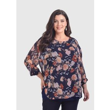 Lilas Xxl Büyük Beden Lacivert Renkli Çiçekli Desenli Şifon Bluz