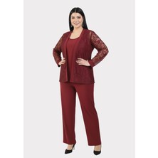 Lilas Xxl Büyük Beden Bordo Renkli Dantel Ceketli Abiye Pantolon Bluz Takım