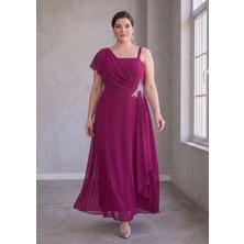 Lilas Xxl Büyük Beden Fuşya Renk Tek Omuz Detaylı Taş Tokalı Şifon Abiye Elbise