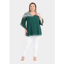 Lilas Xxl Büyük Beden Yeşil Renkli Şifon V Yaka Abiye Bluz