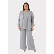 Lilas Xxl Büyük Beden Gri Renkli Şifon Abiye Pantolon Bluz Takım