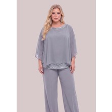 Lilas Xxl Büyük Beden Gri Renkli Şifon Abiye Bluz