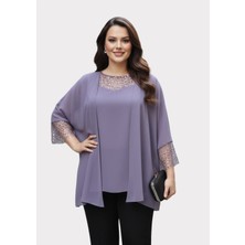 Lilas Xxl Büyük Beden Lavanta Renkli Şifon Ceketli Abiye Bluz