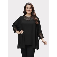 Lilas Xxl Büyük Beden Siyah Renkli Şifon Ceketli Abiye Bluz