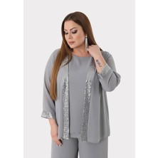 Lilas Xxl Büyük Beden Gri Renkli Şifon Ceketli Abiye Bluz