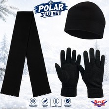 Axe Sportswear Kışlık Siyah Soğuk Hava Koruyucu Bileği Sıkmayan Manşetli Katlamalı Termal Polar Eldiven Atkı Bere 3'lü Set