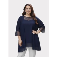 Lilas Xxl Büyük Beden Lacivert Renkli Şifon Ceketli Abiye Bluz