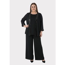 Lilas Xxl Büyük Beden Siyah Renkli Şifon Abiye Pantolon Bluz Takım