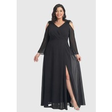 Lilas Xxl Büyük Beden Siyah Renkli Omzu Açık Şifon Uzun Abiye Elbise