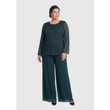 Lilas Xxl Büyük Beden Yeşil Renkli Şifon Abiye Pantolon Bluz Takım