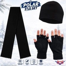 Axe Sportswear Kışlık Siyah Polar Bileği Sıkmayan Manşetli Katlamalı Rahat Kullanım Kesik Parmaksız Eldiven Atkı Bere 3'lü Set