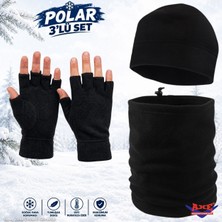 Axe Sportswear Kışlık Siyah Polar Bileği Sıkmayan Manşetli Katlamalı Rahat Kullanım Parmaksız Kesik Eldiven Bere Boyunluk 3'lü Set