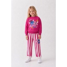 Cg Kids Love Baskılı Eşofman Çizgili Detaylı Kız Çocuk Sweatshirt & Eşofman Alt Üst Takım - Fuşya