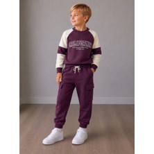 Cg Kids California Baskılı Kargo Cep Unisex Erkek ve Kız Çocuk Alt Üst Eşofman Takımı Süper Kalite - Mürdüm