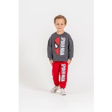 Cg Kids Gri Baskılı Kırmızı Eşofman Detaylı Sweatshirt & Eşofman Alt Üst Takım