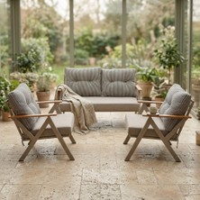 Azra Mobilya Venedik 2+1+1 Metal Balkon Takımı Keten Dokulu Kumaş – Cappuccino Metal - Bahçe Teras Oturma Grubu