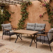 Azra Mobilya Paris 2+1+1+ 70X120 Ceviz Desenli Masa Metal Balkon Takımı Keten Dokulu Kumaş – Siyah Metal - Bahçe Teras Oturma Grubu