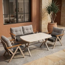 Azra Mobilya Venedik 2+1+1+ 70X120 Traverten Masa Metal Balkon Takımı Keten Dokulu Kumaş – Cappuccino Metal - Bahçe Teras Oturma Grubu