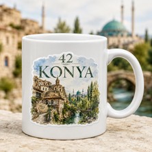 AJANS313 Konya Sille Köyü ve Mevlana Sulu Boya Tasarımlı Kupa Bardak - Memleket Seri 42 Konya Kahve Kupası