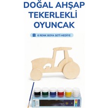 212toyzz Ahşap Traktör Oyuncak Doğal El Yapımı Boyanabilir Eğitici Oyuncak+6'lı Boya Seti Hediye